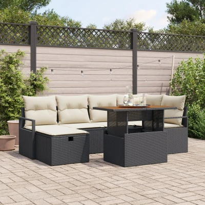 Afbeelding van vidaXL 7 Delige Tuin Sofa Set met Kussens Zwart Poly Rattan, 2 Zits Opbergruimte &amp; Rattan