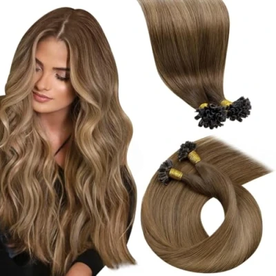 Afbeelding van LaaVoo U Tip Hair Extensions Echt Menselijk Haar Bruine Shadows to Light Brown 22 Inch 50g/pack Silky Straight Nail Keratine #6/8/14