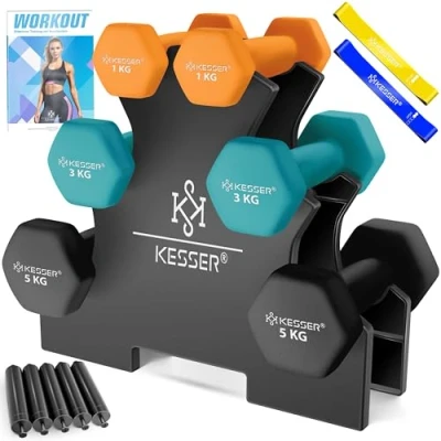 Afbeelding van KESSER® Dumbells Set 3 Paren Gewichten met Standaard verstelbare Dumbell Geschikt voor Krachttraining Halterset oefeningenboekje, 2x fitnessbanden, Oranje / Benzineblauw Zwart 2 x (1+3+5)kg
