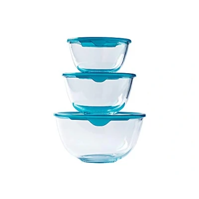 Afbeelding van Pyrex Prep &amp; Store Mengkom met Deksel 3 Delig Transparant Borosilicaatglas