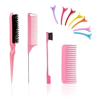 Afbeelding van 3 delige kapperskammenset met 1 kam brede tanden en 4 haarclips, haarspeldkam, haarborstel, dubbelzijdige borstel, haarborstel speelgereedschap (roze)