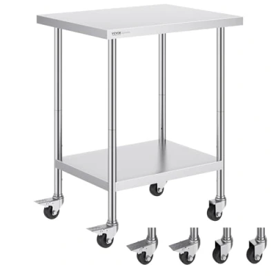 Afbeelding van VEVOR Met 4 wielen, 3 verstelbare hoogteniveaus, Heavy Duty Food Prep Werktafel voor Commerciële Keuken Restaurant, Zilver, 24 x 30 38 inch