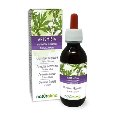Afbeelding van Bijvoet (Artemisia vulgaris) kruid met bloemen Alcoholvrije moedertinctuur Naturalma Vloeibaar extract druppels 120 ml Voedingssupplement Veganistisch