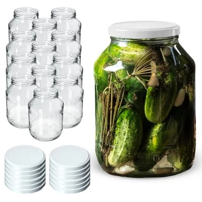 Afbeelding van KADAX Weckpotten, 2,5 liter, inmaakpot, diameter van 100 mm, voorraadpot, komkommerglas, ronde potten (12 stuks, wit deksel)