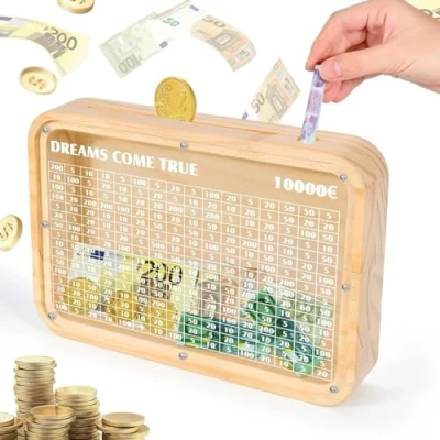 Afbeelding van Houten spaarpot, 10.000 euro, geldkist met nummer, herbruikbare spaarpot voor kinderen en volwassenen, van geen montage nodig