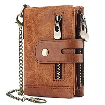 Afbeelding van herenportemonnee met RFID bescherming, leren portemonnee ketting, dubbele vouw, muntvak, ritssluiting, 16 kaartvakken, portemonnee, lichtbruin, Kurzer Absatz, Elegant