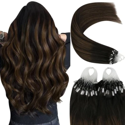 Afbeelding van YoungSee Haarverlenging, echt haar, 35,6 cm, extensions, ringen, natuurlijk donkerbruin, met middenbruin, micro link 50 s/50 g, Easy Loop extension