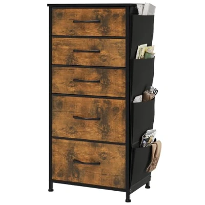 Afbeelding van YITAHOME Ladekast met 5 laden voor slaapkamer, stoffen dressoir, opbergladen handgrepen, metalen frame woonkamer, hal, rotte houtnerf