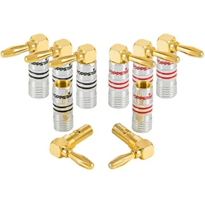 Afbeelding van Poppstar 8x High End Bananenstekker Hoekig, voor Luidsprekerkabel (tot 6 mm²), Speakers, Luidspreker, AV Receiver, 24k Vergulde Contacten (4x zwart, 4x rood)