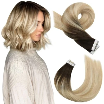 Afbeelding van Moresoo Tape in Echt Haar Extensies Blond Haarextensies Menselijk Bruin tot Karamelblond met Platinablond 35 cm 20 Stuks/50g #2/27/613