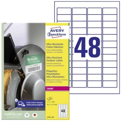 Afbeelding van Avery Zweckform L7911 40 folie etiketten 45.7 x 21.1 mm Polyethyleen Wit 1920 stuk(s) Permanent hechtend Laser (kleur), (zwart/wit), Kopiëren