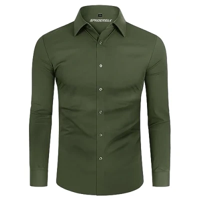 Afbeelding van DEMEANOR Overhemd Heren Stretch Lange Mouwen Vrijetijdshemd Slim Fit Zakelijk Strijkvrij, Olijfgroen, S