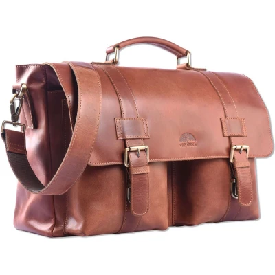 Afbeelding van WILD WOODS Ruime Leren Aktetas met Schouderband 15,6 inch laptopvak Schoudertas Oil Pull up Leer Cognac