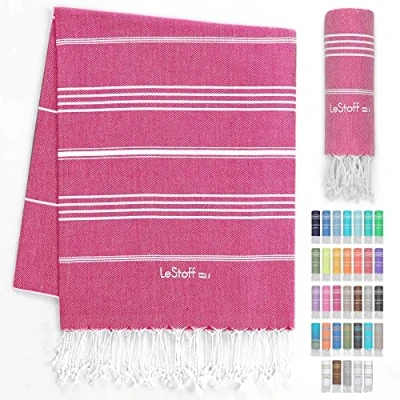 Afbeelding van LeStoff de traditionele Hamamdoek Strandlaken Badhanddoek Saunahanddoek Douchehanddoek Spa Sport Yoga Reizen 100% Biologisch Katoen. Duurzaam, natuurlijk, zacht en voorgewassen. (95 x 180 cm, Fuchsia)