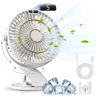 Afbeelding van COZII Clip on Fan Oplaadbaar, Mini USB Desk Stille met 5 snelheden LCD scherm 720 draaibare krachtige tafelventilator