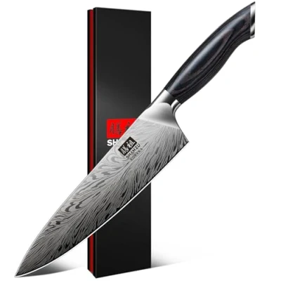 Afbeelding van SHAN ZU Koksmes in Poederstaal, Japans Keukenmes 20cm Professionele Koolstofstaal Kookmessen Ultra Scherp Snijmes Gebruiksmes met Ergonomisch Full Tang Pakkawood Handvat