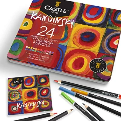 Afbeelding van Castle Arts Themed 24 gekleurde Potlood Set in Tin Box, perfecte &#039;Kandinsky&#039; geïnspireerde kleuren. Met kwaliteit, gladde kernen, superieure menging en gelaagdheid prestaties voor geweldige