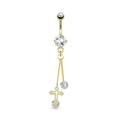 Afbeelding van Navelpiercing kruis met lange hanger CZ steen wit gold plated 14kt.