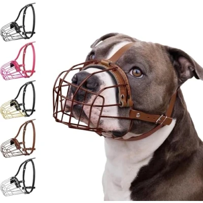 Afbeelding van BRONZEDOG Pitbull metalen masker voor honden, Amstaff draadmand, pitbull, verstelbare lederen banden grote honden (bruin)