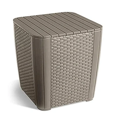 Afbeelding van Allibert by Keter Luzon Flat Wicker Tuintafel, cappuccino, afneembaar deksel, met opbergruimte, kunststof, platte rotanlook
