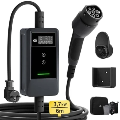 Afbeelding van dé EV Oplader Type 2 Schuko 3,7kW 6m [0,85m+5,15m, 6A 16A] Oplaadkabel Voor Elektrische Auto met Muurbeugel, LCD Digitaal, Compatibel Model Y/3, E 208, Tech, 500e en andere EV/PHEV