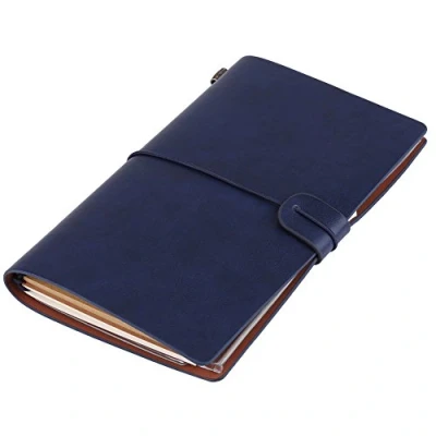 Afbeelding van Klassiek reisnotitieboek, PU leer, gepersonaliseerd dagboek, navulbaar notitieblok voor mannen en vrouwen, 5 kleuren optioneel, donkerblauw