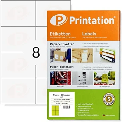 Afbeelding van Printation 105 x 74 mm universele etiketten zelfklevend bedrukbaar wit 25 DIN A4 vellen van 2 4 / 8 per vel 200 adresetiketten adreslabels, internetmerk, rechthoekig