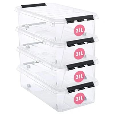 Afbeelding van SmartStore 31L doorzichtige plastic onderbed opbergdozen met wielen, 4 stuks, versterkt, 10 jaar garantie, voedselveilig, klemvergrendeld, stapelbaar en nestbaar, BPA vrij, L72 x B40 H19 cm