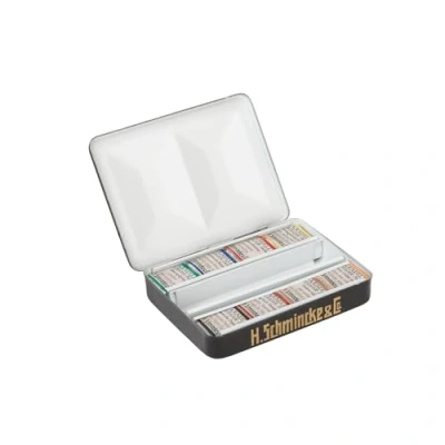Afbeelding van Schmincke HORADAM® AQUARELL RETRO Line verfdoos met 8 fijnste aquarelkleuren, 74649097, metalen doos, schilderset, x 1/2 bakjes