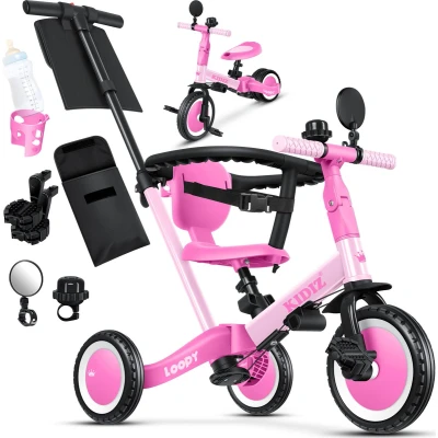 Afbeelding van KIDIZ® 6 in 1 loopfiets, kinderdriewieler vanaf jaar tot 5 jaar, loophulp, belastbaar 25 kg, incl. stuurstang, veiligheidsbeugel, veiligheidsgordel, bel en spiegel, roze