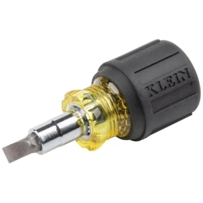 Afbeelding van Klein Tools 32561 Stubby schroevendraaier en moer driver met 6 in 1 multi bits, #2 Phillips, 3/16 inch sleuf, 1/4 5/16 inch, zwart geel