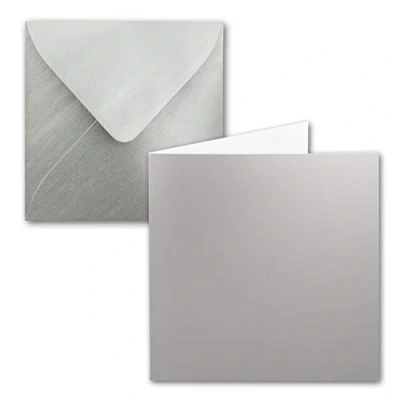 Afbeelding van Set van 50 vierkante vouwkaarten, 15 x cm, met enveloppen, zilvermetallic, plakrand, voor wenskaarten, uitnodigingen en meer