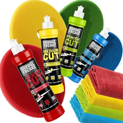 Afbeelding van Garage Freaks Autopolijstset Heavy Cut 250 ml + Medium Finish afdichting Carnauba Shield 4 bijpassende pads microvezeldoeken 550 g/m²