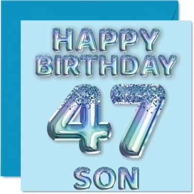 Afbeelding van 47e verjaardagskaart voor zoon blauwe glitter feestballonnen gelukkige verjaardagskaarten 47 jarige van mama papa ouders, 145 mm x cadeau