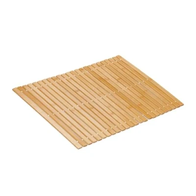 Afbeelding van Relaxdays badmat bamboe, 60 x 40 cm, antislip douchemat, oprolbaar, houten badkamermat, natuurlijke saunamat, natuur/wit