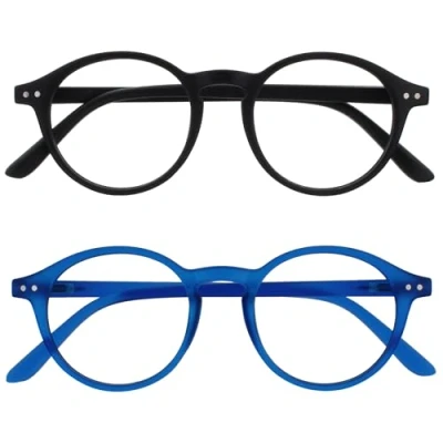 Afbeelding van OPULIZE REY Leesbril 2 Pack Retro Rond Montuur Matzwart, Blauw Heren Dames Veerscharnieren RR56 13 +2.50