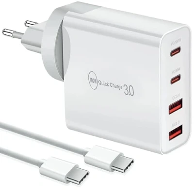 Afbeelding van 100 W USB C oplader en kabel (1 m), snellader, 4 poorten, Quick Charger PD 3.0, meervoudig compatibel met iPhone 15, Mac Pro/Air, İpad Pro, Samsung, Huawei, Xiaomi, Type voeding