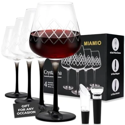 Afbeelding van MIAMIO 480 ml Rode wijnglazen, set van 4 grote wijnglazen kristallen met zwarte lange voet + wijnstop &amp; beluchter Crystaluna collectie