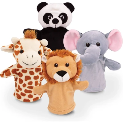 Afbeelding van Grafix Handpoppen Poppenkast Poppenkastpoppen Dieren Set met Leeuw, Panda, Giraf &amp; Olifant Geschikt voor Poppenkasten Poppen