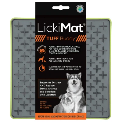 Afbeelding van Lickimat Buddy Tuff Slowfeeder Voermat 20x20 cm Hondenvoerbak Appelgroen&amp;Grijs