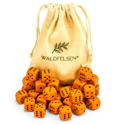 Afbeelding van Waldfelsen 6, 12, 20, 30 of 50 hoogwaardige houten kubussen van echt beukenhout, 16 mm standaard dobbelstenen met stoffen zak, set stuks, oranje