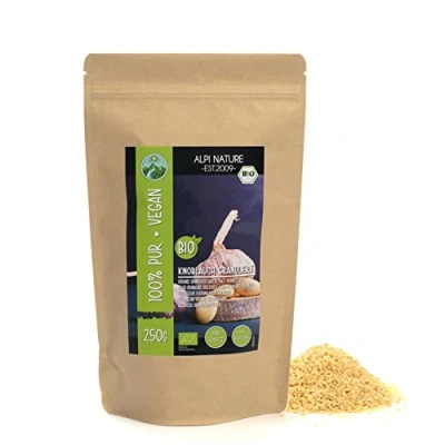 Afbeelding van biologische knoflook gegranuleerd (250 g), biologisch knoflookgranulaat, uit gecontroleerde teelt, granulaat in het laboratorium getest, 100% zuiver en natuurlijk