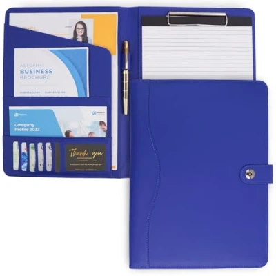 Afbeelding van AMKSONS Schrijfmap A4 in blauw, inclusief klembord en DIN notitieblok, premium conferentiemap van PU leer met documentenvakken, penhouder, klapdeksel magneetsluiting