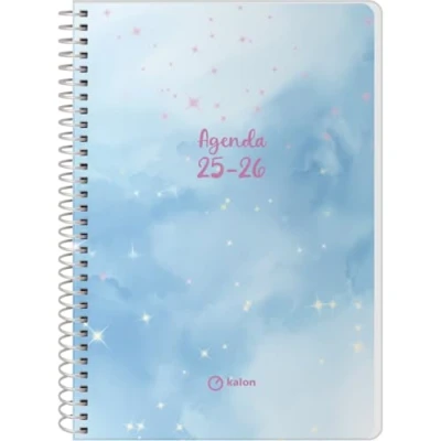 Afbeelding van Q Kalon Schoolagenda 2025 2026 Weekoverzicht, Formaat A5 (15x21 cm), Spaans en Engels, September tot Juni, Spiraalsluiting, Flexibele Kaft met Plastic Bescherming Sky