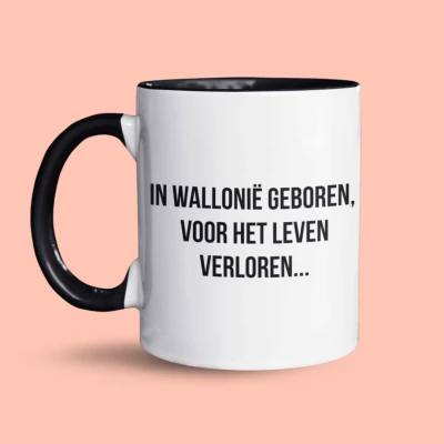 Afbeelding van NietMokken.be Grappige koffiebeker “In Wallonië geboren, voor het leven verloren... Leuk als cadeau Humor mok Aan beide zijden bedrukt Vaatwasser en magnetronbestendig Keramische mok/tas 325ml