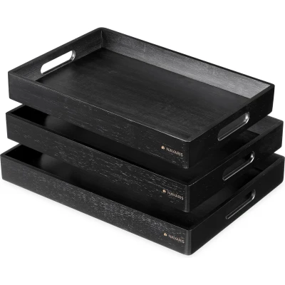 Afbeelding van Navaris set 3x bamboe dienblad Houten dienbladen rechthoek in 3 maten Voor het serveren van koffie, thee, gebak en hapjes Zwart