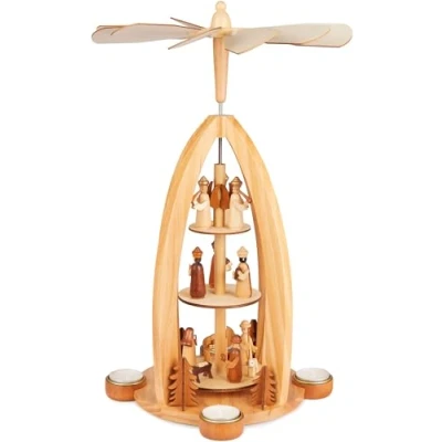 Afbeelding van BRUBAKER Kerstpiramide van hout, engelen, Jezus, Maria, Jozef en Koning, theelichtpiramide voor Kerstmis, hoogte 44 cm, tafelpiramide 4 theelichtjes, handbeschilderd, bruin