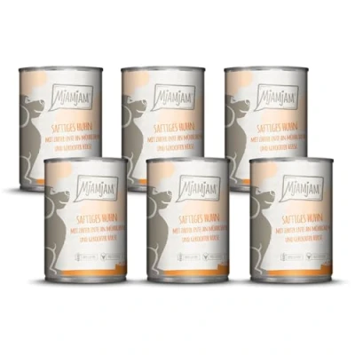 Afbeelding van MjAMjAM premium natvoer voor honden sappige kip met malse eend op wortel en gekookte gierst, pak van 6 (6 x 400 g), graanvrij extra vlees