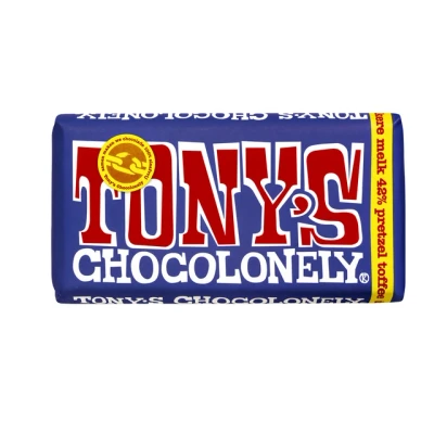 Afbeelding van Chocolade Tony&#039;s Chocolonely donker melk pretzel toffee reep 180gr