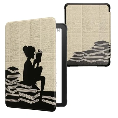 Afbeelding van kwmobile E reader hoesje geschikt voor Amazon Kindle Paperwhite (12. Gen 2024)/Kindle Colorsoft hoes flip case met magnetische sluiting Ereader cover Meisje boeken design in zwart / beige